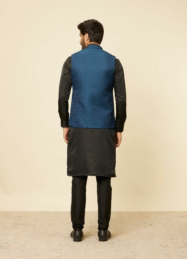 alt message - Manyavar Men Teal Blue Medallion Patterned Nehru Jacket image number 3