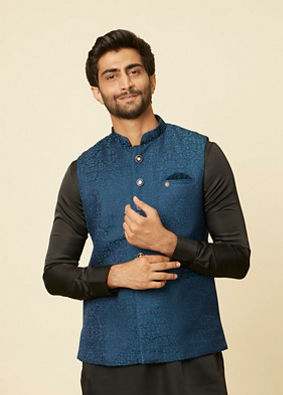 alt message - Manyavar Men Teal Blue Medallion Patterned Nehru Jacket