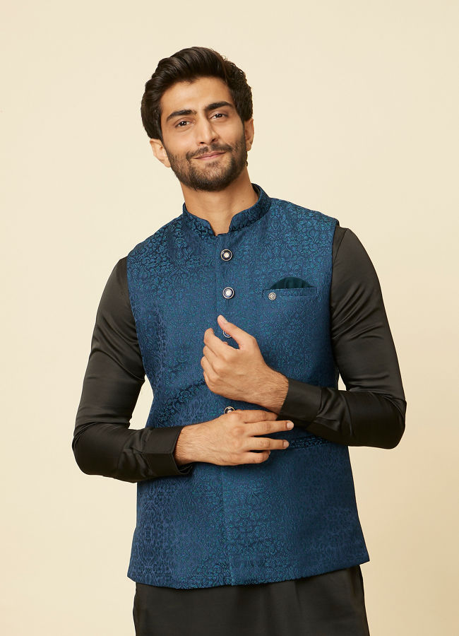 alt message - Manyavar Men Teal Blue Medallion Patterned Nehru Jacket image number 0