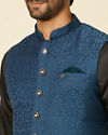 alt message - Manyavar Men Teal Blue Medallion Patterned Nehru Jacket image number 1