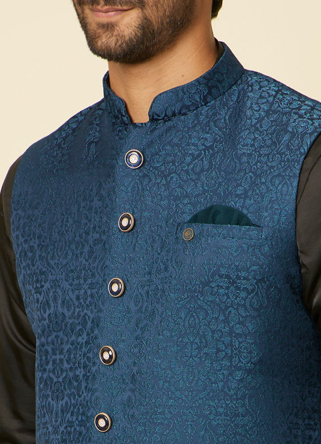 alt message - Manyavar Men Teal Blue Medallion Patterned Nehru Jacket image number 1