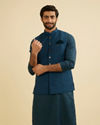 Manyavar Men Teal Blue Medallion Patterned Nehru Jacket image number 0