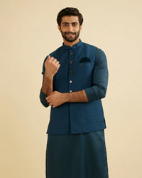 Manyavar Men Teal Blue Medallion Patterned Nehru Jacket