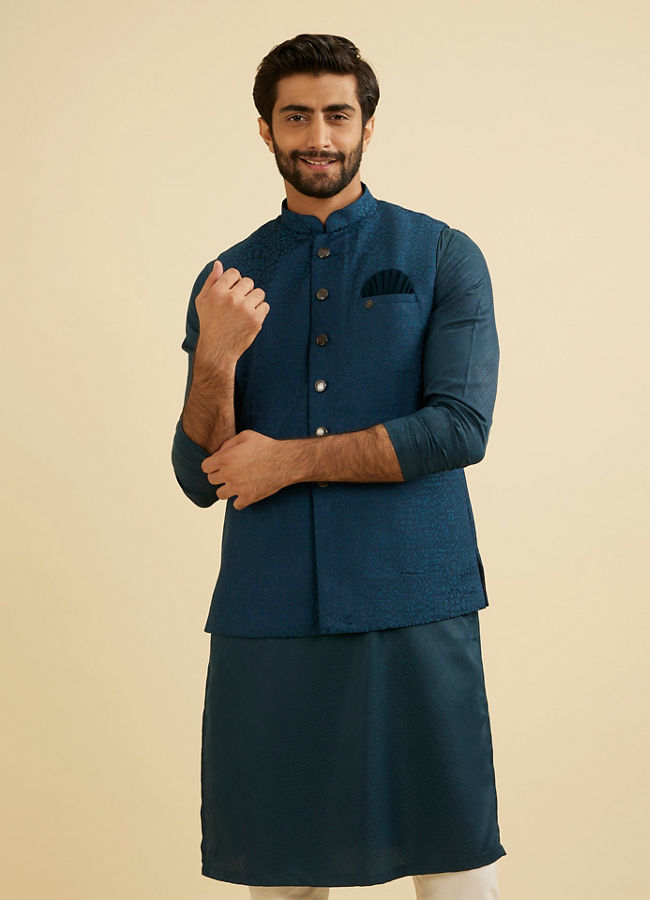 Manyavar Men Teal Blue Medallion Patterned Nehru Jacket image number 0