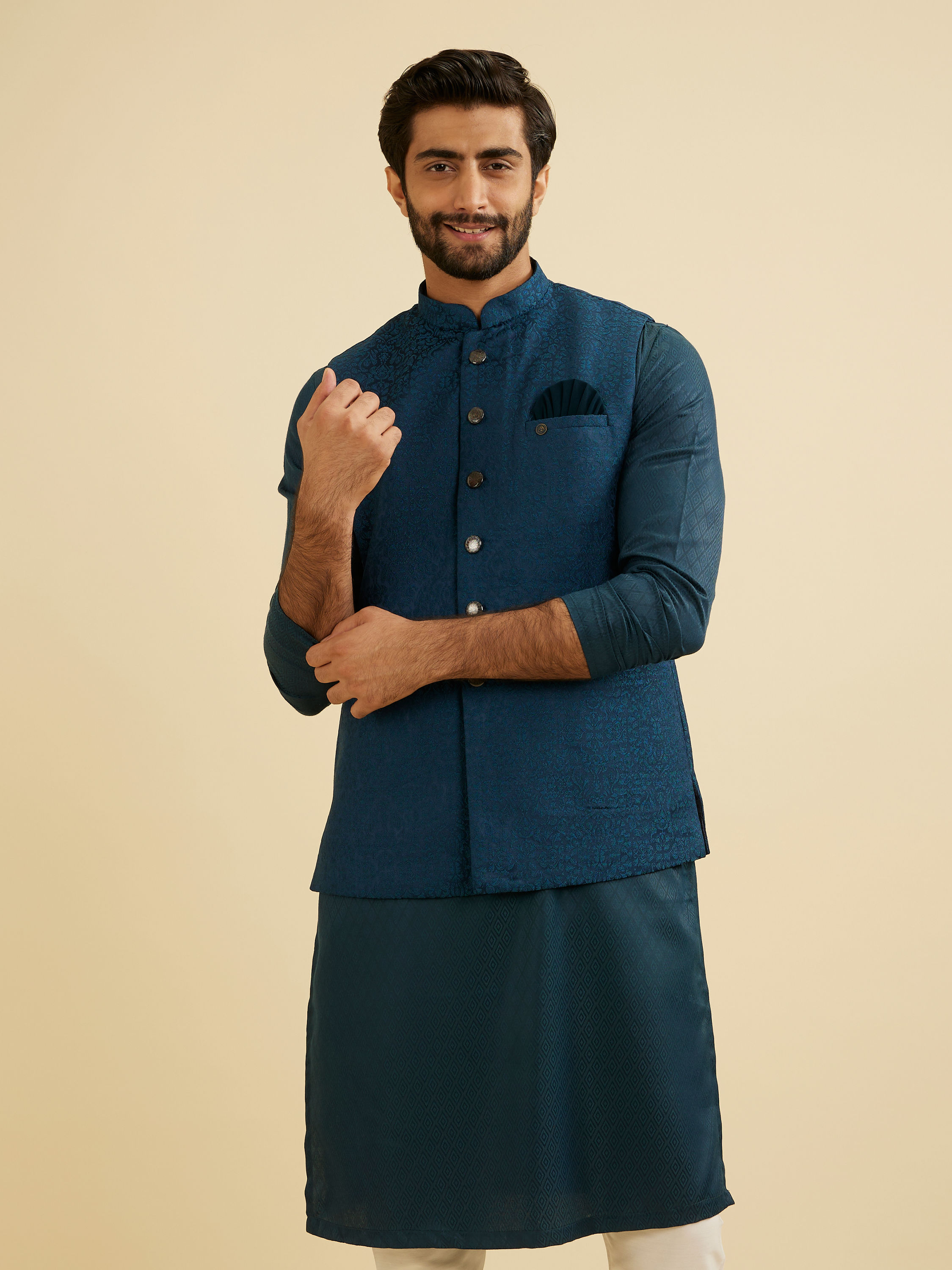 Manyavar Men Teal Blue Medallion Patterned Nehru Jacket