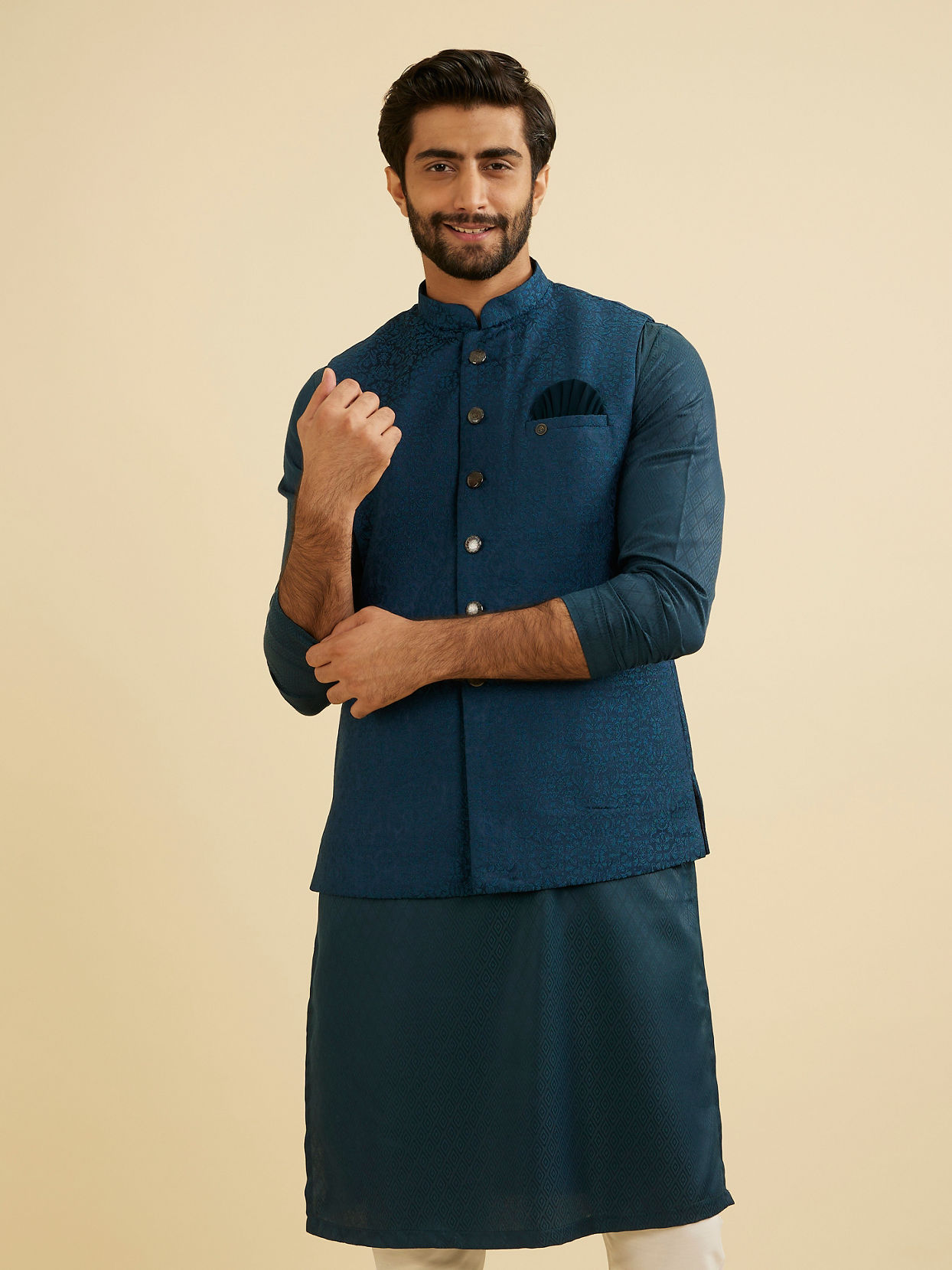 Manyavar Men Teal Blue Medallion Patterned Nehru Jacket image number 0