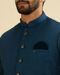 Manyavar Men Teal Blue Medallion Patterned Nehru Jacket