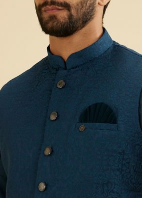 Manyavar Men Teal Blue Medallion Patterned Nehru Jacket