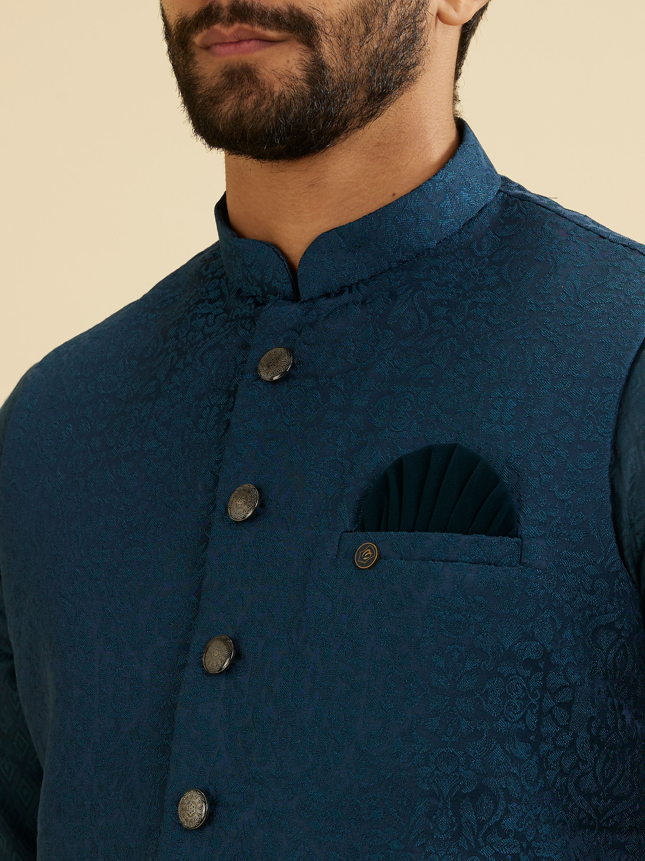 Manyavar Men Teal Blue Medallion Patterned Nehru Jacket