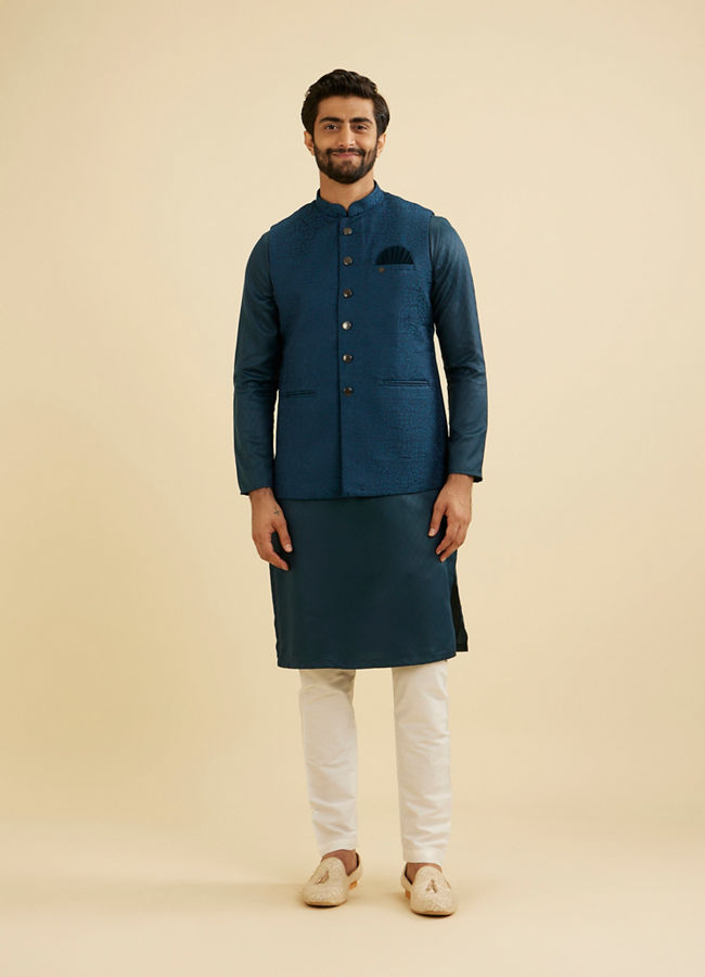 Manyavar Men Teal Blue Medallion Patterned Nehru Jacket image number 2