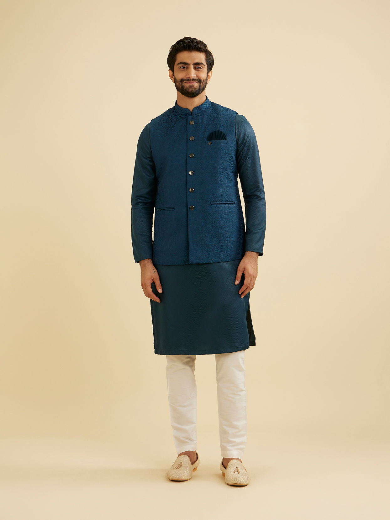 Manyavar Men Teal Blue Medallion Patterned Nehru Jacket image number 2