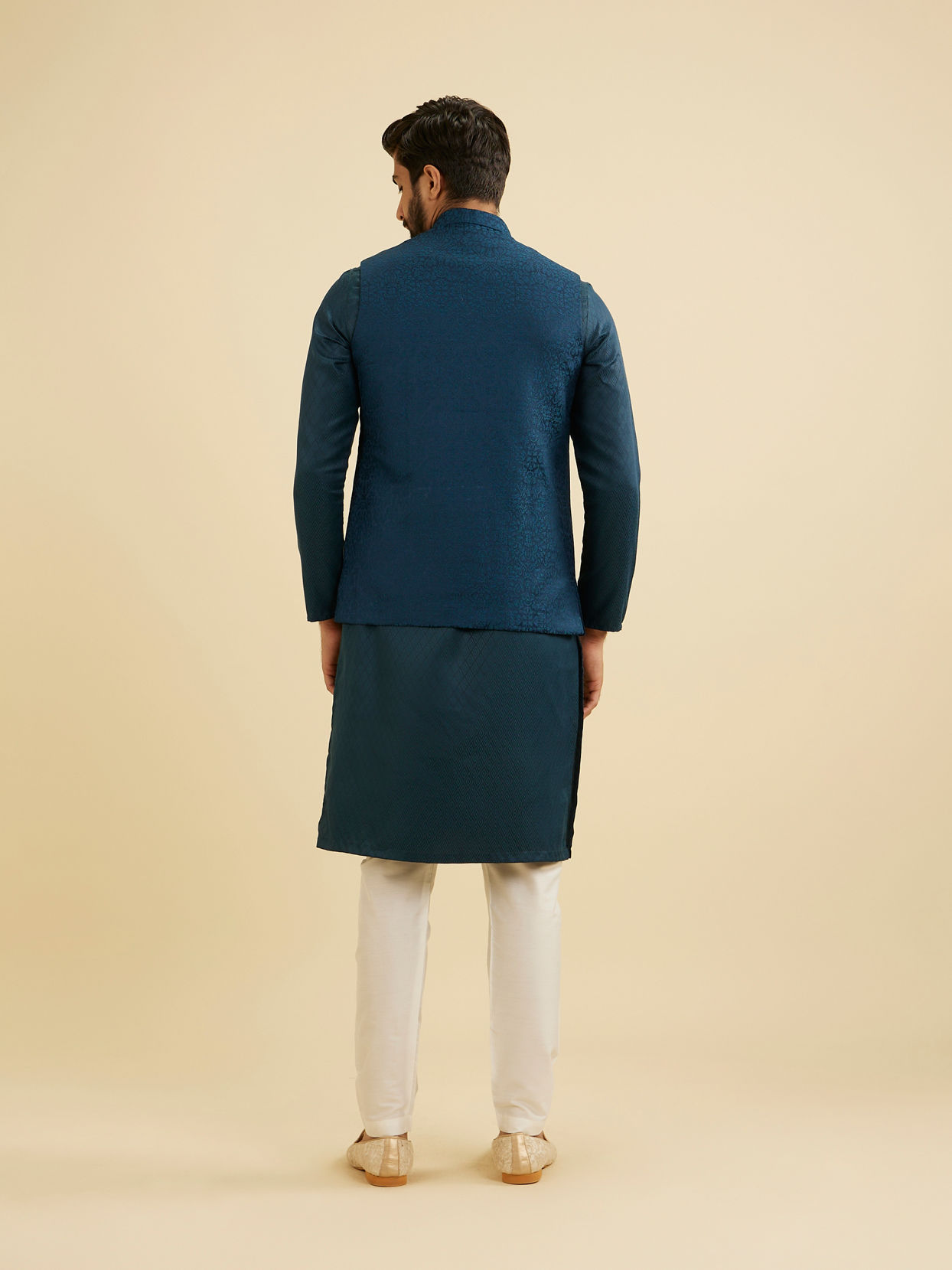 Manyavar Men Teal Blue Medallion Patterned Nehru Jacket