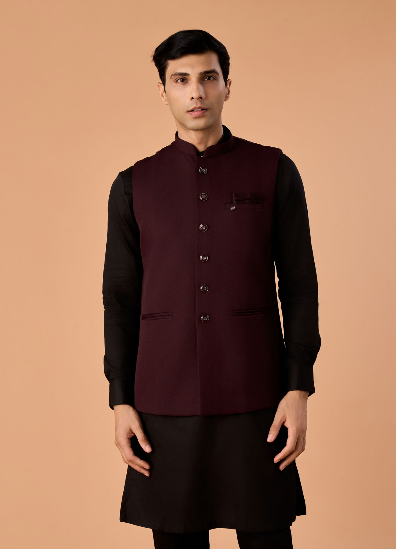 Manyavar Men Wine Elegance Nehru Jacket