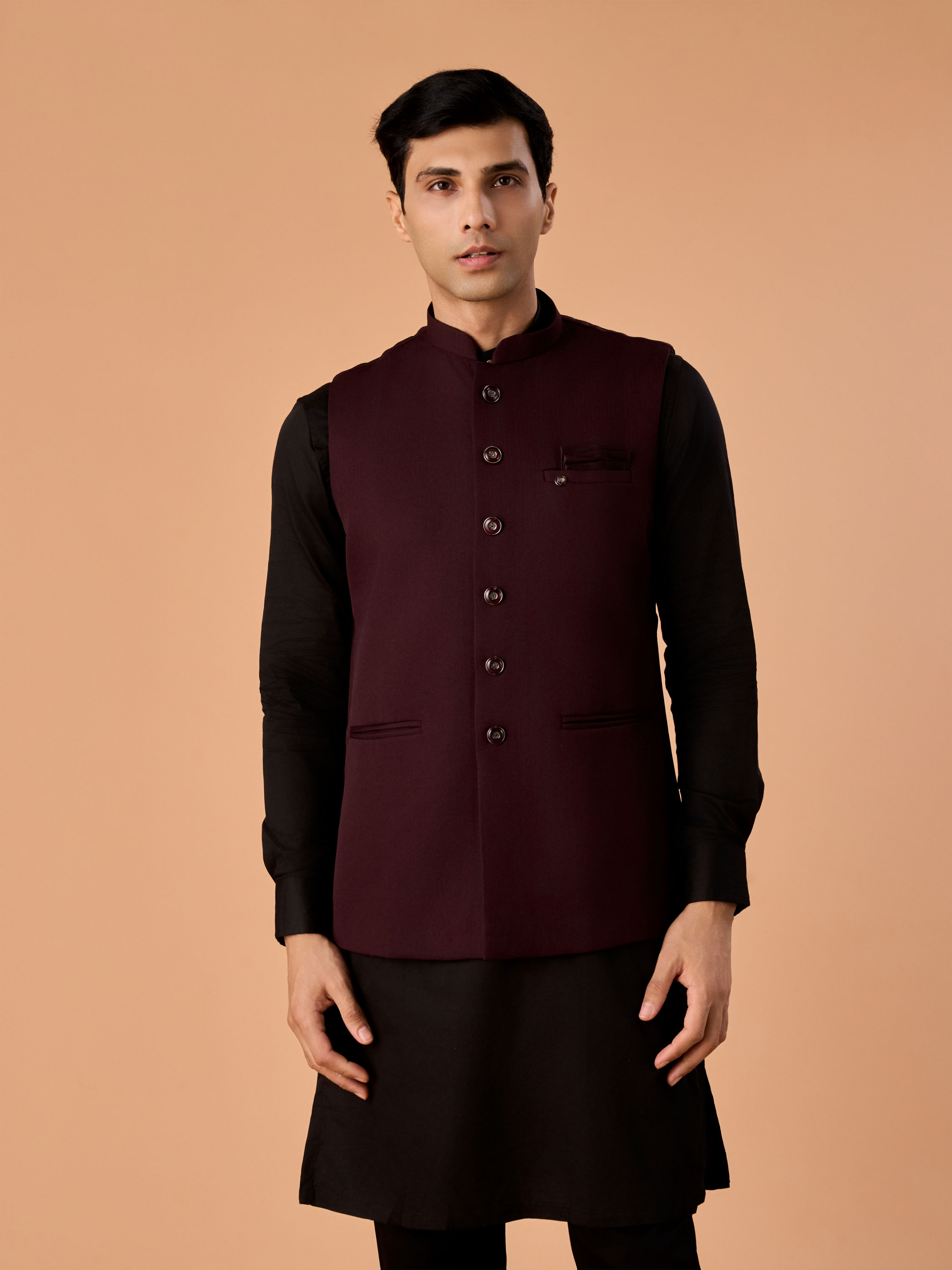 Manyavar Men Wine Elegance Nehru Jacket