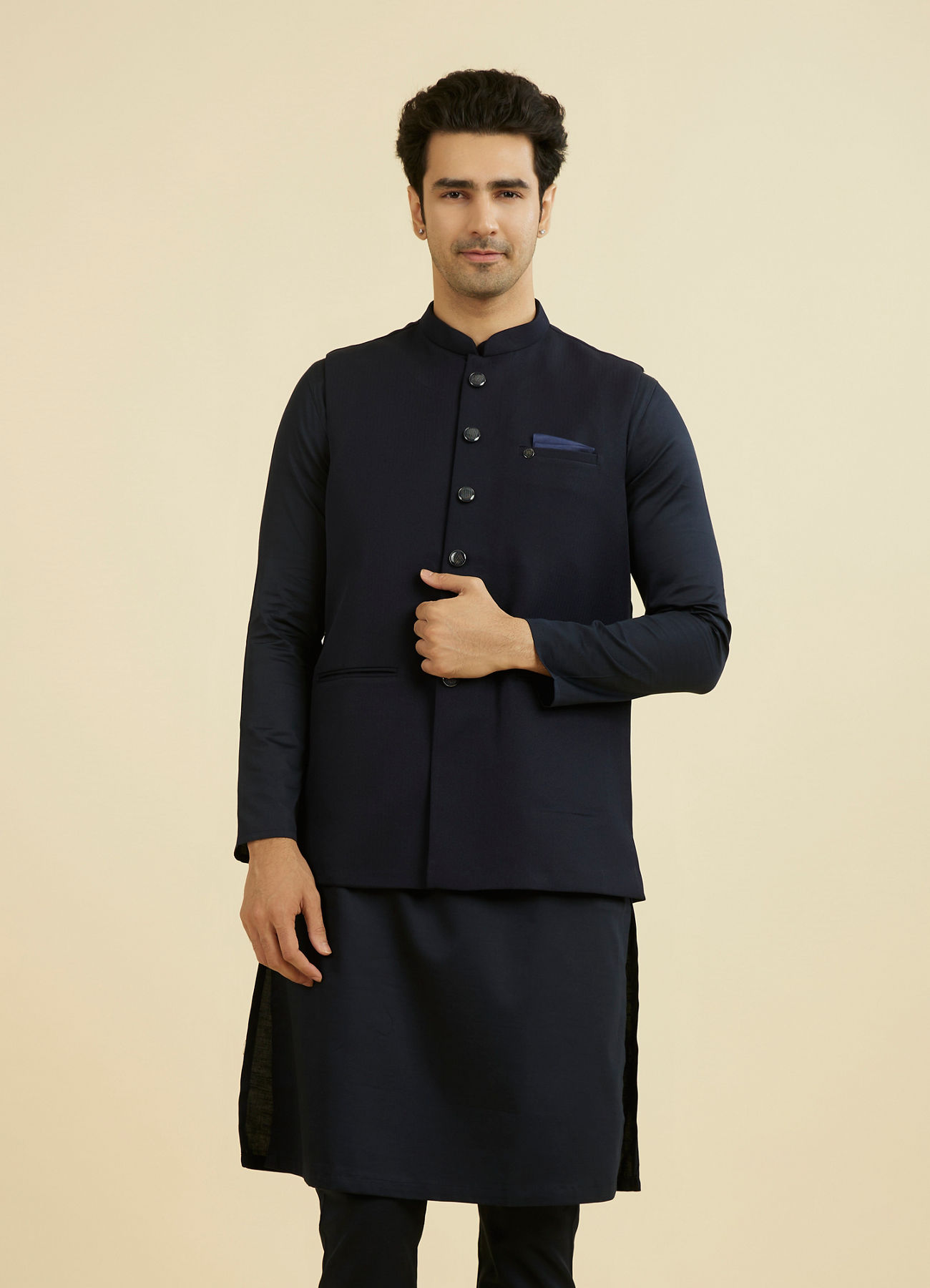 Manyavar Men Elegant Dark Blue Nehru Jacket
