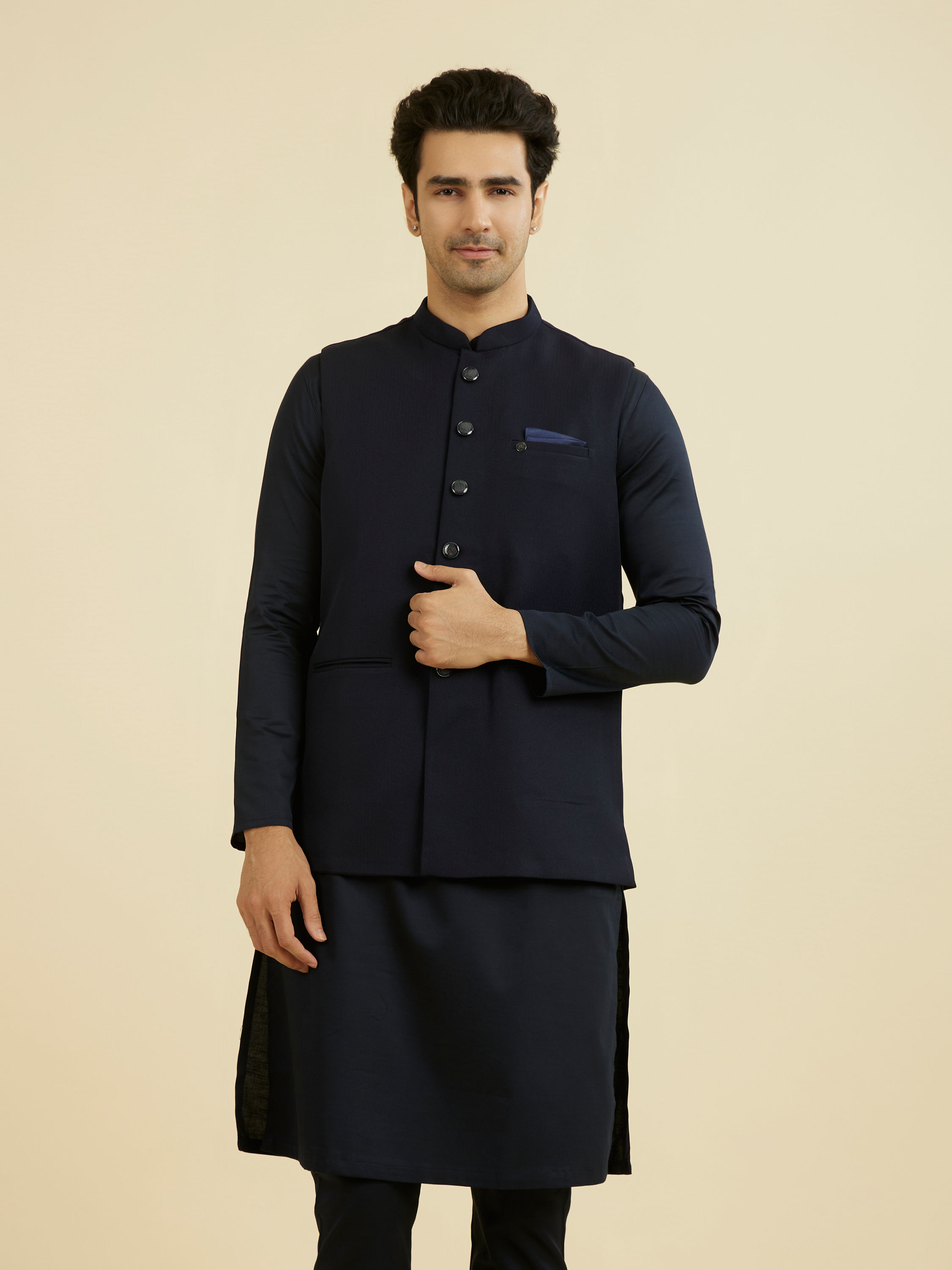 Manyavar Men Elegant Dark Blue Nehru Jacket