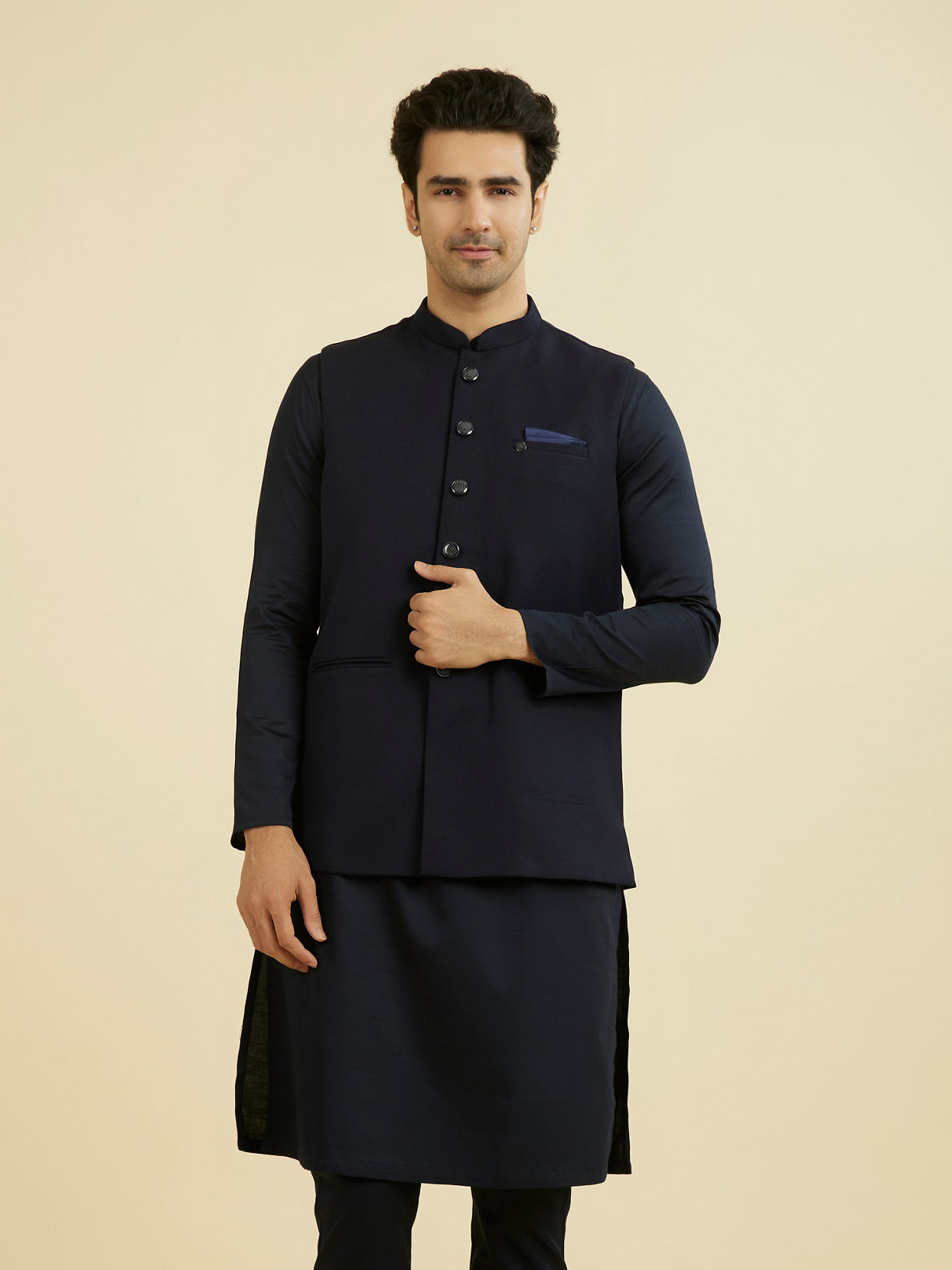 Manyavar Men Elegant Dark Blue Nehru Jacket