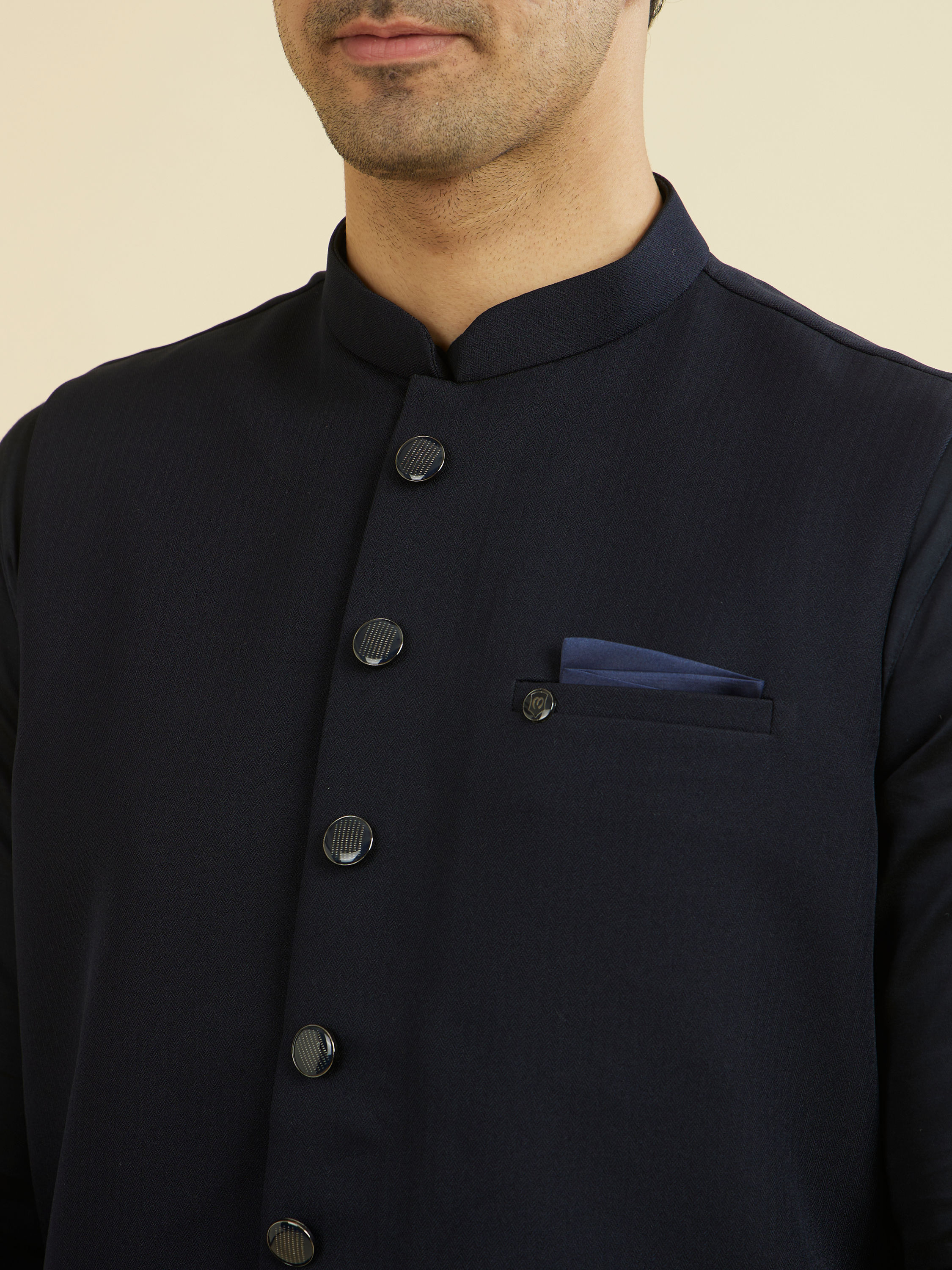 Manyavar Men Elegant Dark Blue Nehru Jacket