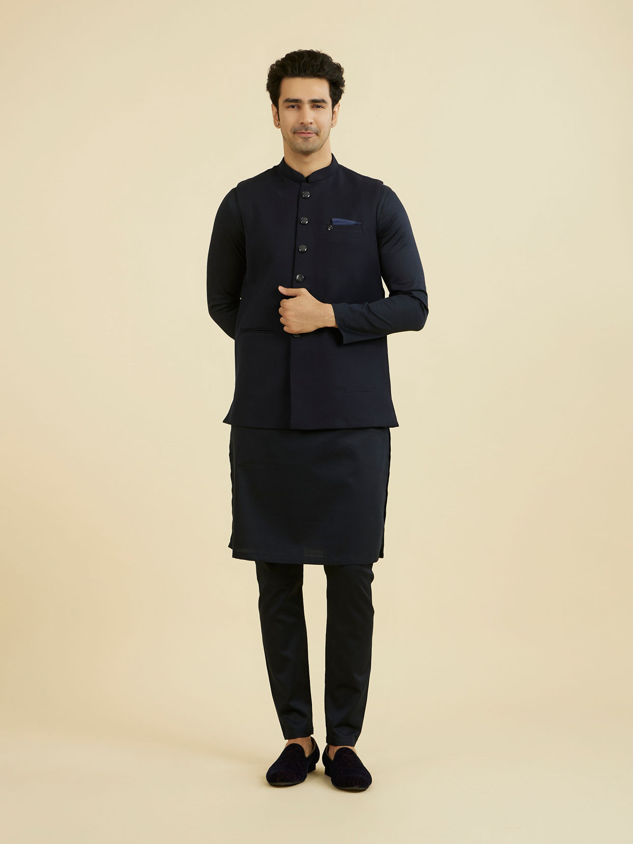 Manyavar Men Elegant Dark Blue Nehru Jacket