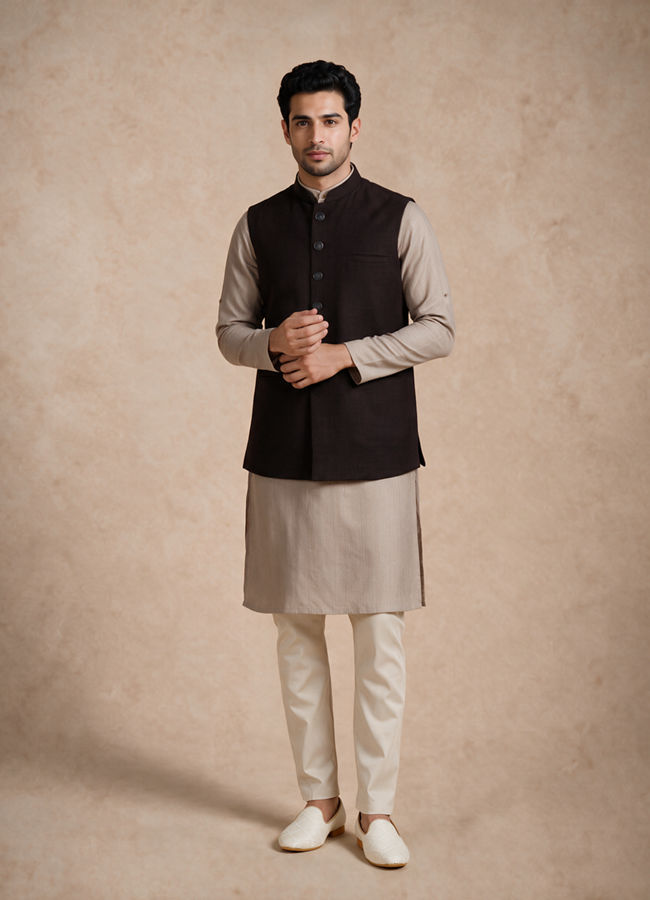 Manyavar Men Brown Blended Rayon Nehru Jacket