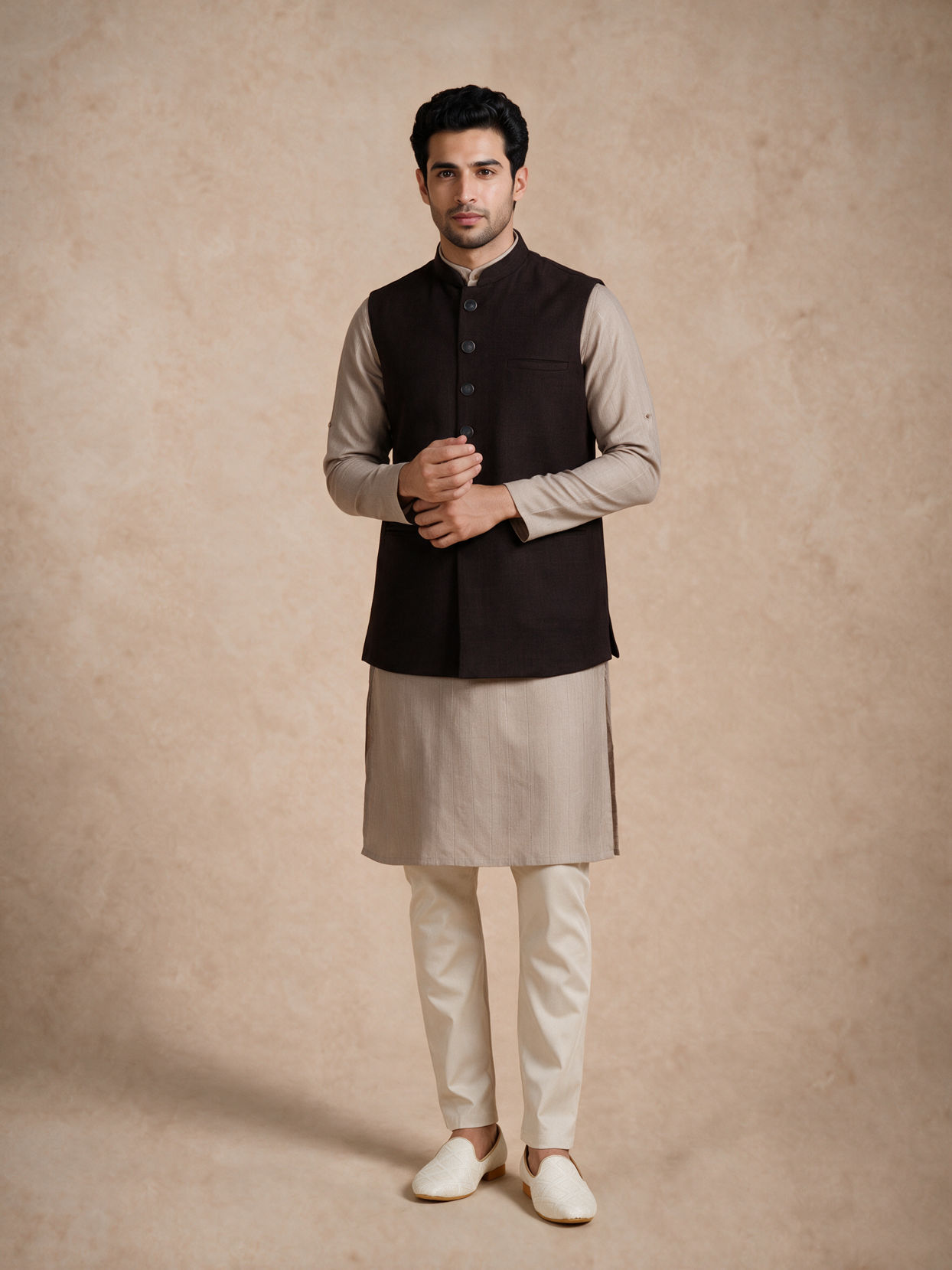 Manyavar Men Brown Blended Rayon Nehru Jacket