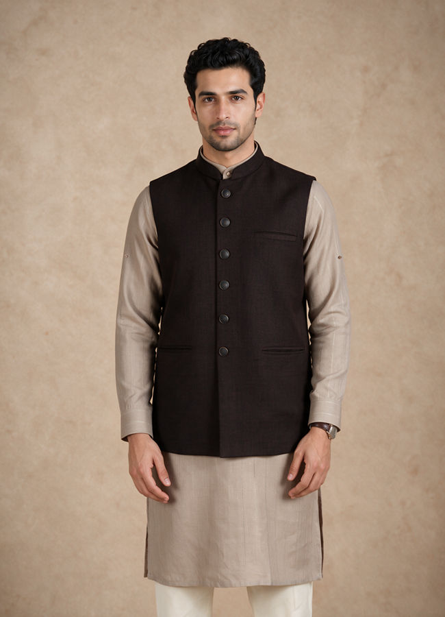 Manyavar Men Brown Blended Rayon Nehru Jacket