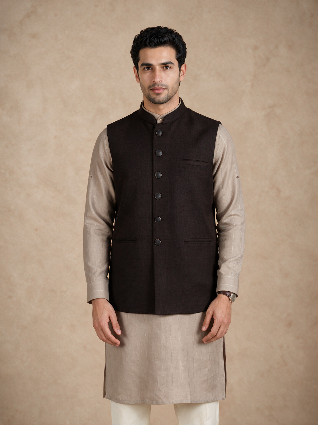 Manyavar Men Brown Blended Rayon Nehru Jacket