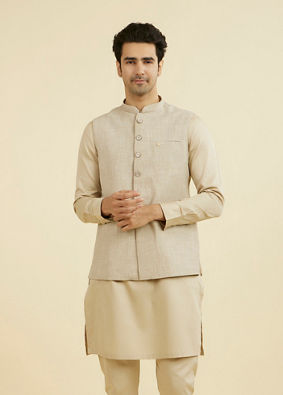 Manyavar Men Natural Beige Nehru Jacket