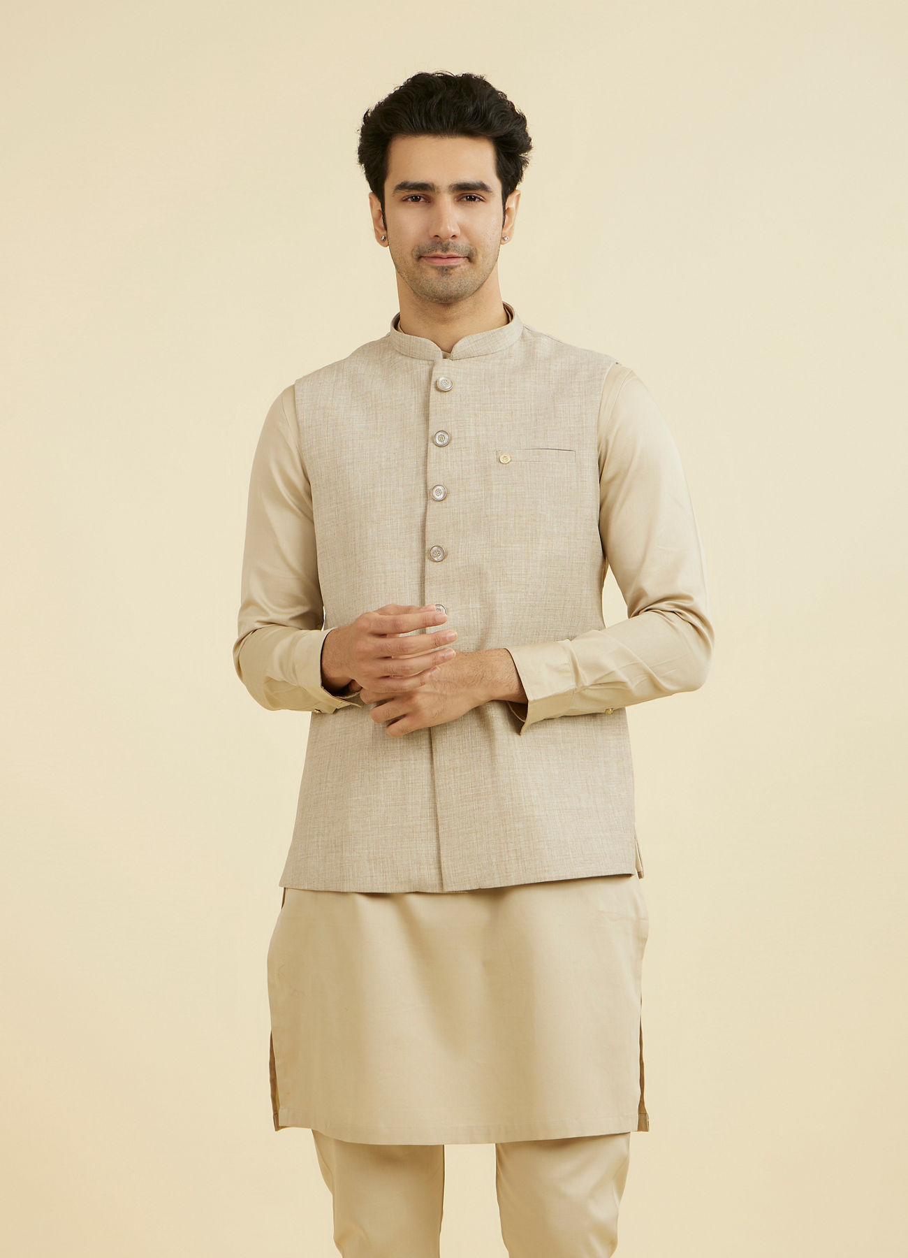 Manyavar Men Natural Beige Nehru Jacket
