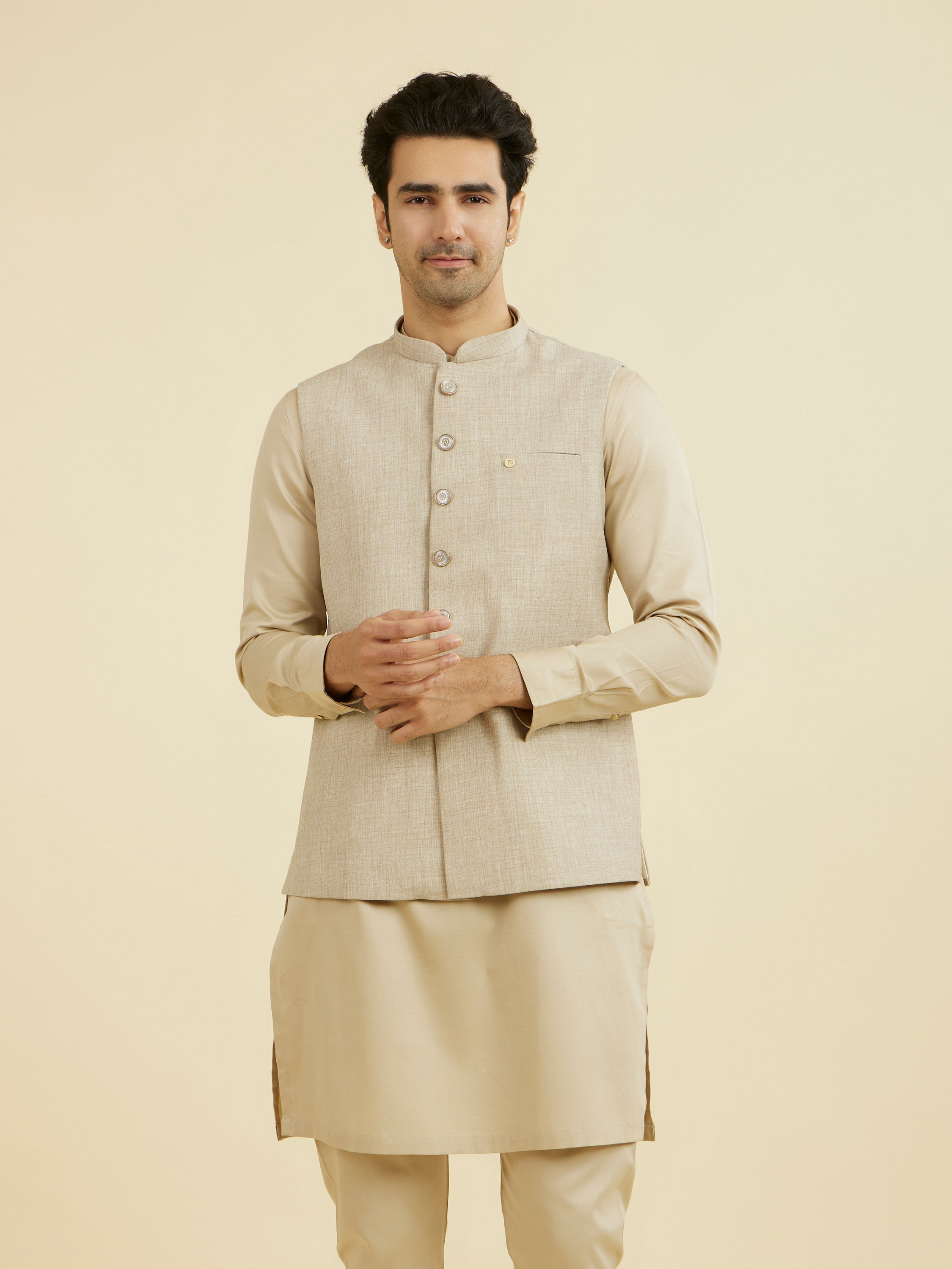 Manyavar Men Natural Beige Nehru Jacket
