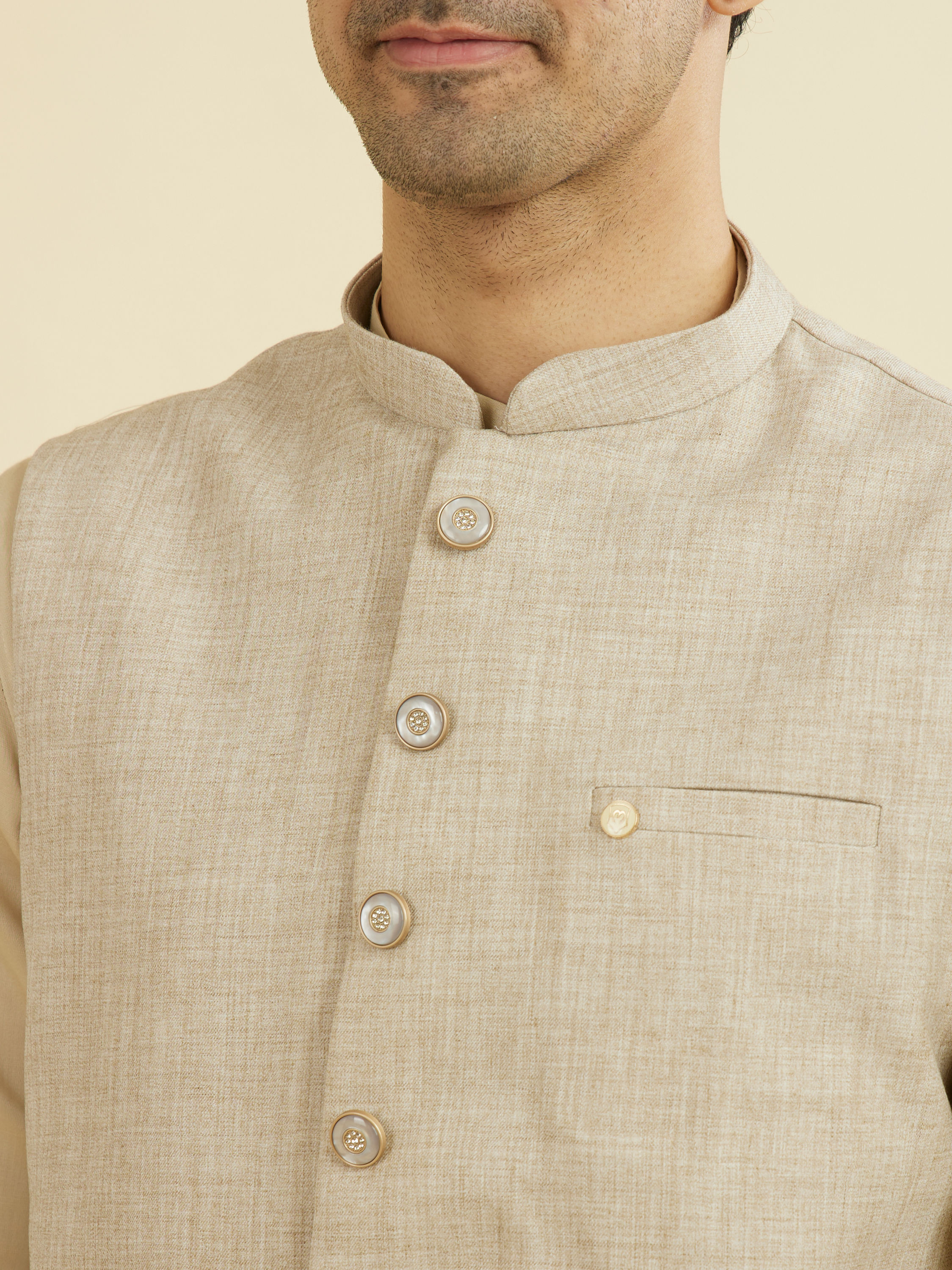 Manyavar Men Natural Beige Nehru Jacket