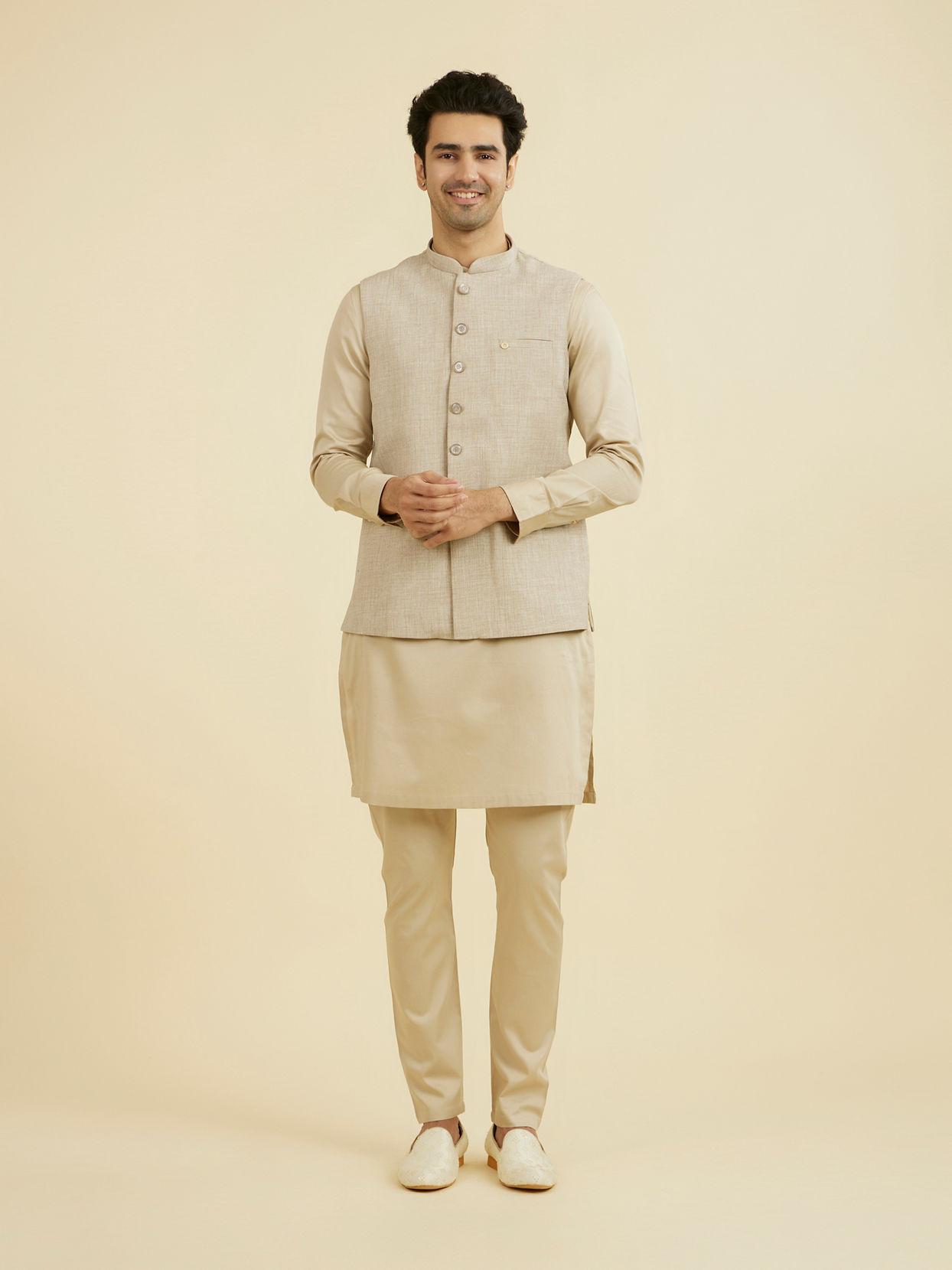 Manyavar Men Natural Beige Nehru Jacket