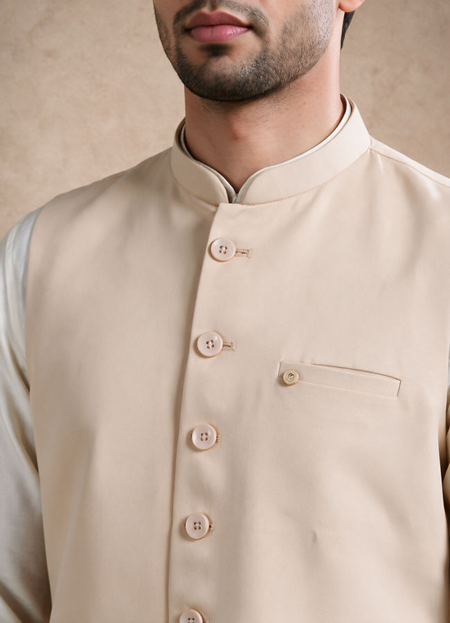 Manyavar Men Beige Blended Rayon Nehru Jacket with Pocket Pin