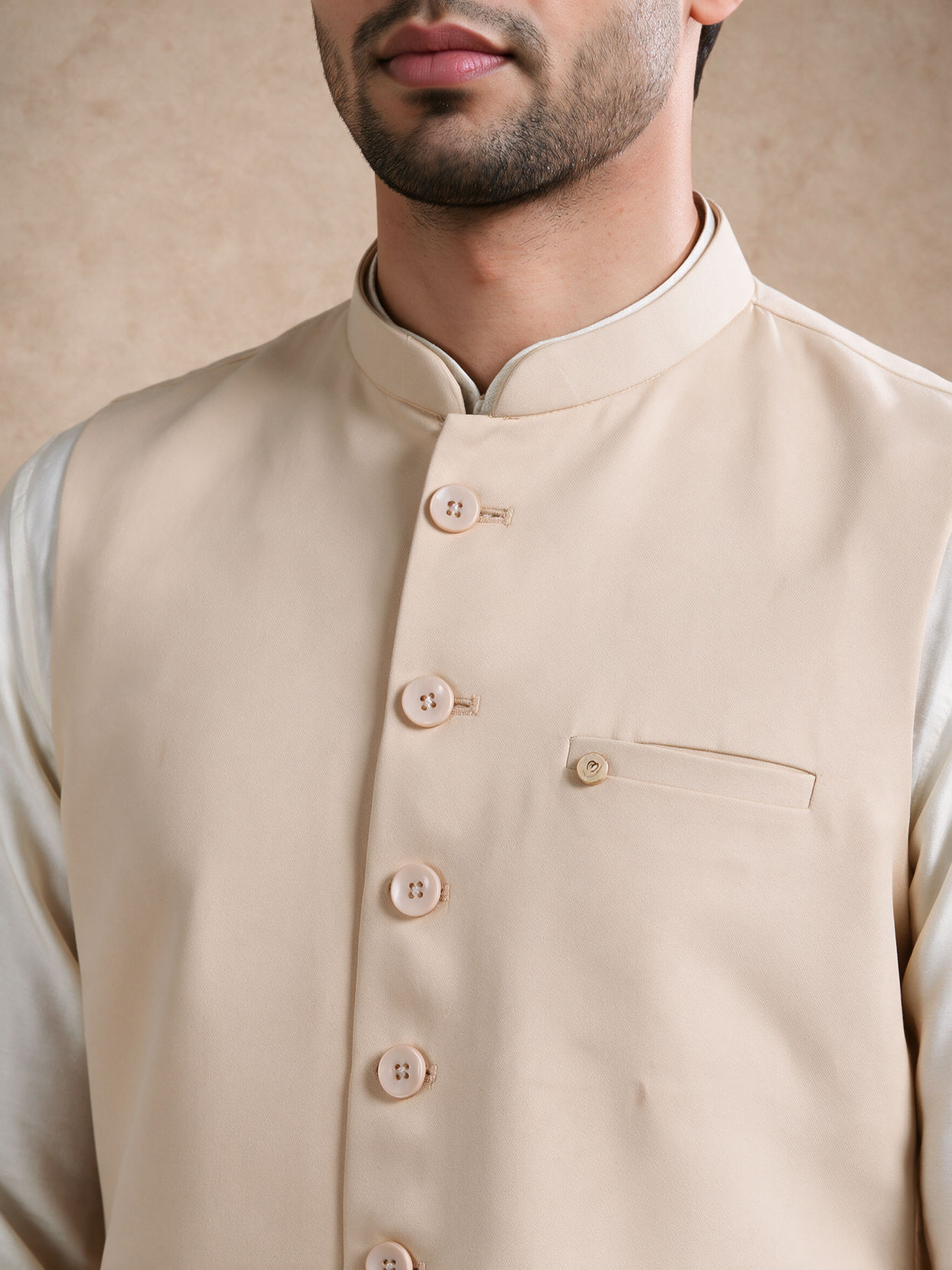 Manyavar Men Beige Blended Rayon Nehru Jacket with Pocket Pin