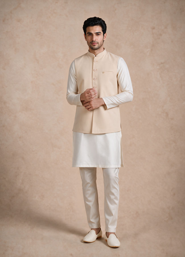 Manyavar Men Beige Blended Rayon Nehru Jacket with Pocket Pin