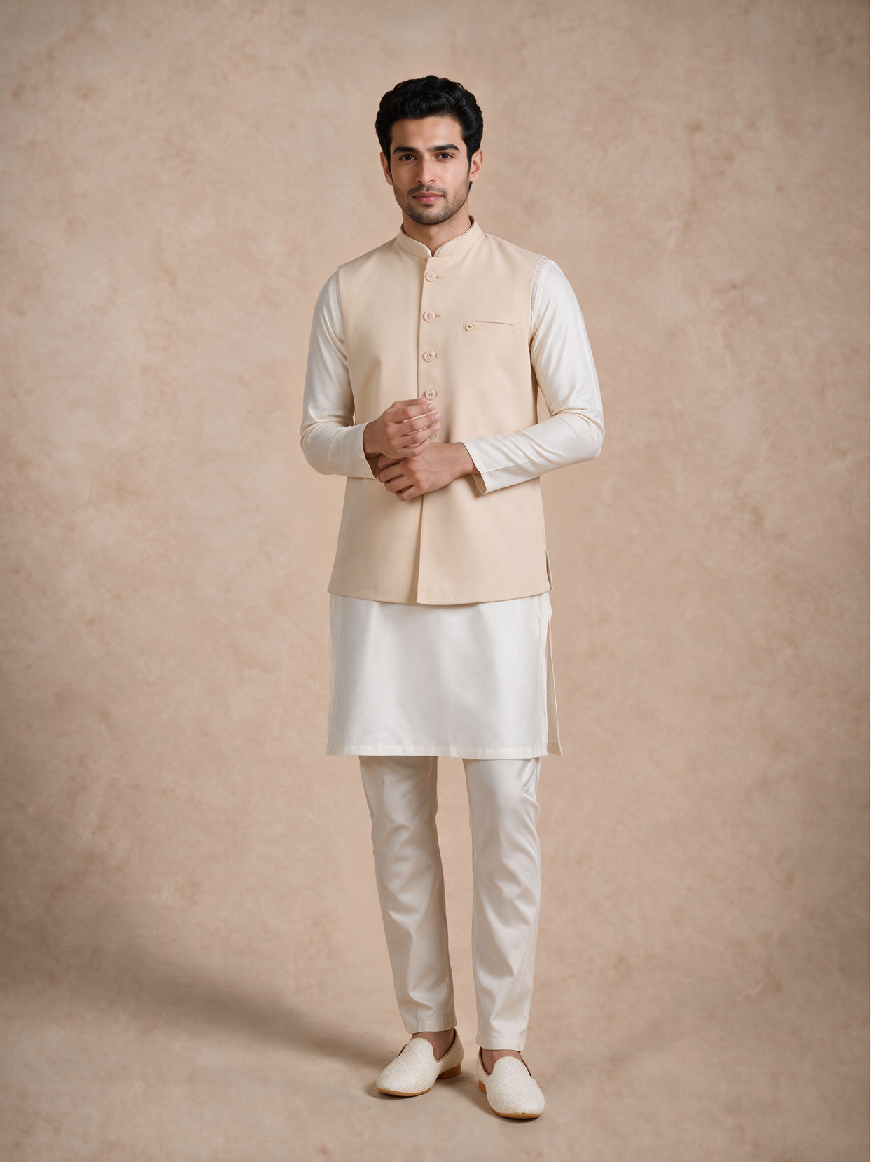 Manyavar Men Beige Blended Rayon Nehru Jacket with Pocket Pin