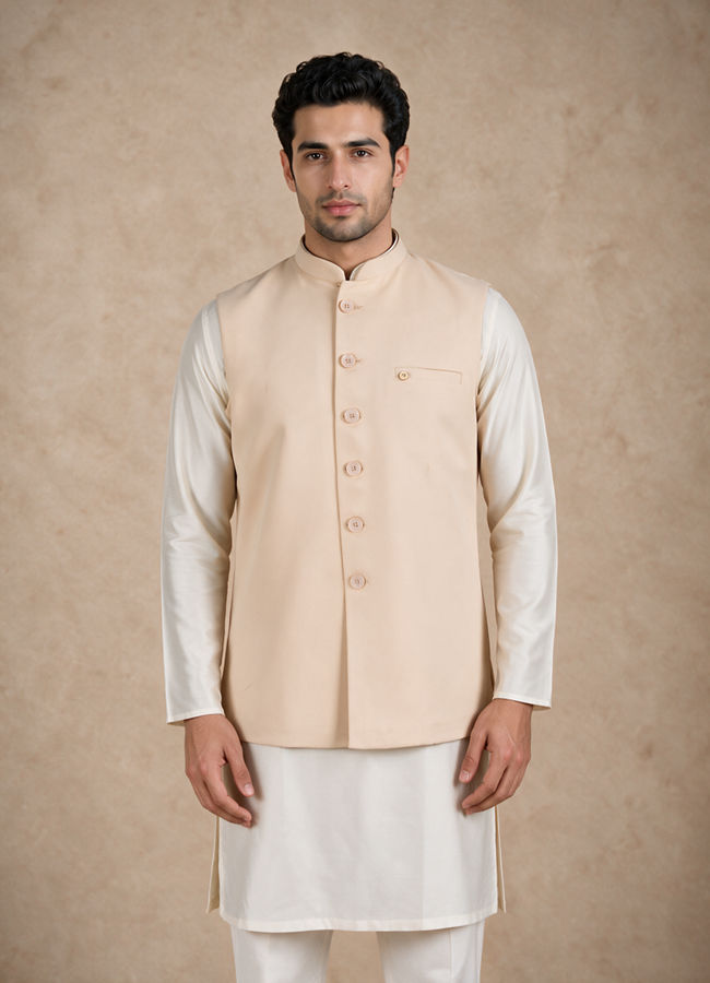 Manyavar Men Beige Blended Rayon Nehru Jacket with Pocket Pin