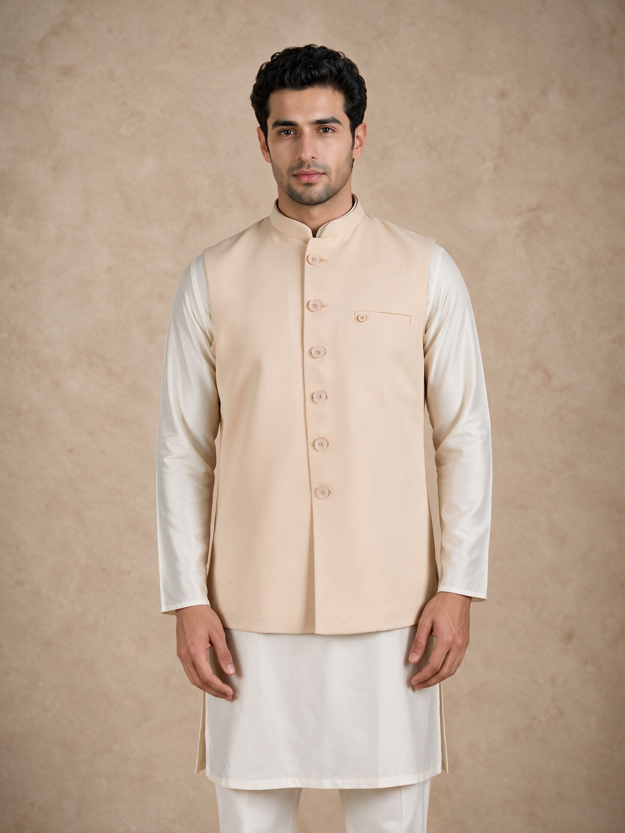 Manyavar Men Beige Blended Rayon Nehru Jacket with Pocket Pin