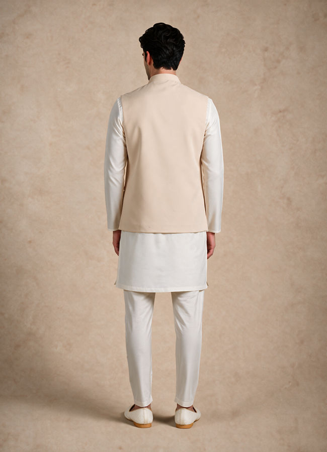 Manyavar Men Beige Blended Rayon Nehru Jacket with Pocket Pin