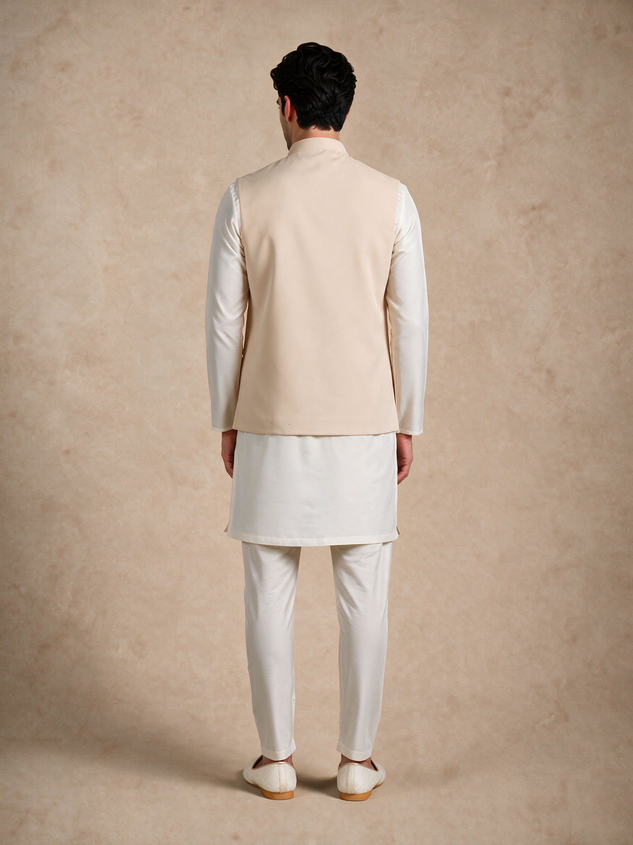 Manyavar Men Beige Blended Rayon Nehru Jacket with Pocket Pin