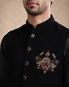 Manyavar Men Black Blended Rayon Nehru Jacket with Embroidery