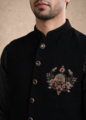 Manyavar Men Black Blended Rayon Nehru Jacket with Embroidery