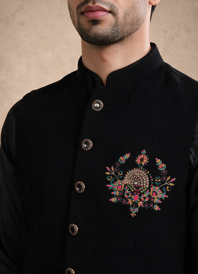 Manyavar Men Black Blended Rayon Nehru Jacket with Embroidery