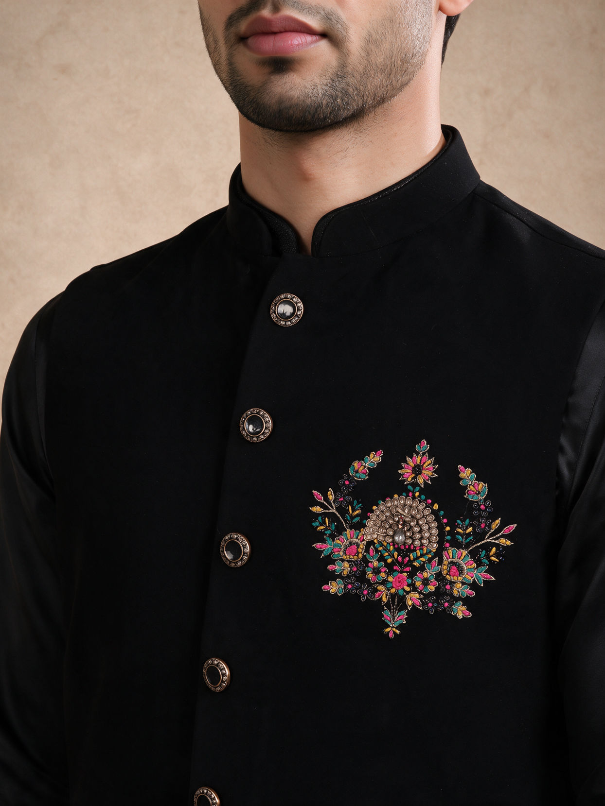 Manyavar Men Black Blended Rayon Nehru Jacket with Embroidery