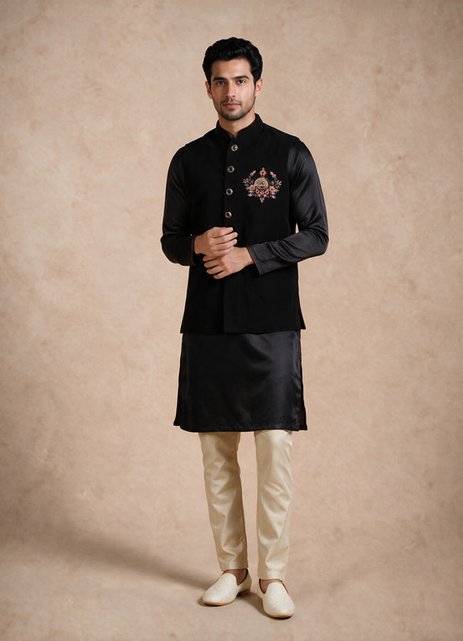 Manyavar Men Black Blended Rayon Nehru Jacket with Embroidery