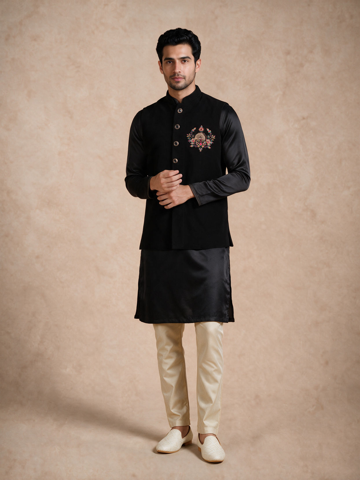 Manyavar Men Black Blended Rayon Nehru Jacket with Embroidery