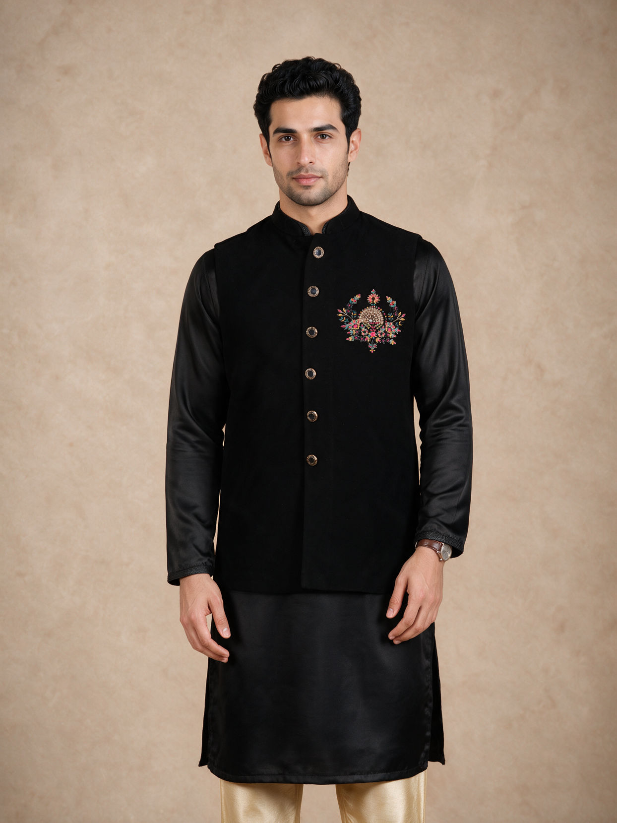 Manyavar Men Black Blended Rayon Nehru Jacket with Embroidery