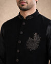 Manyavar Men Black Blended Rayon Nehru Jacket with Embroidery