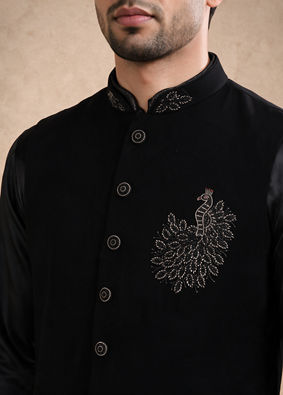 Manyavar Men Black Blended Rayon Nehru Jacket with Embroidery