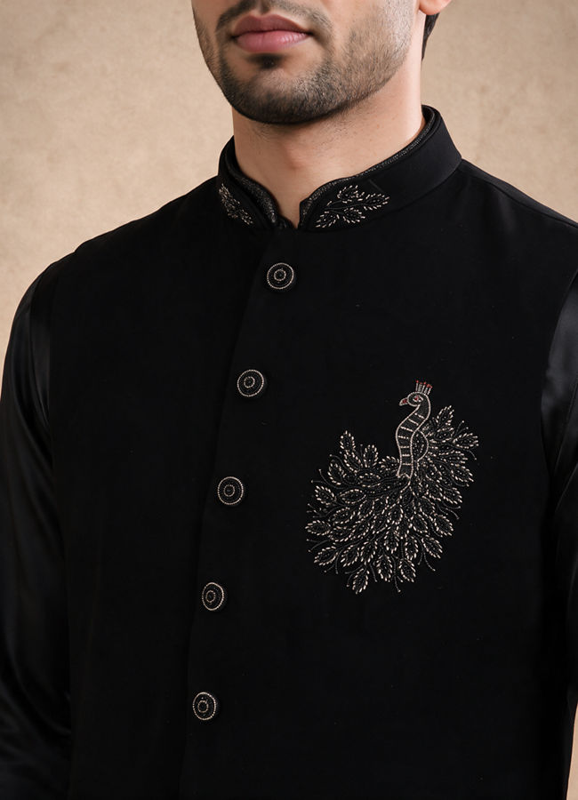 Manyavar Men Black Blended Rayon Nehru Jacket with Embroidery